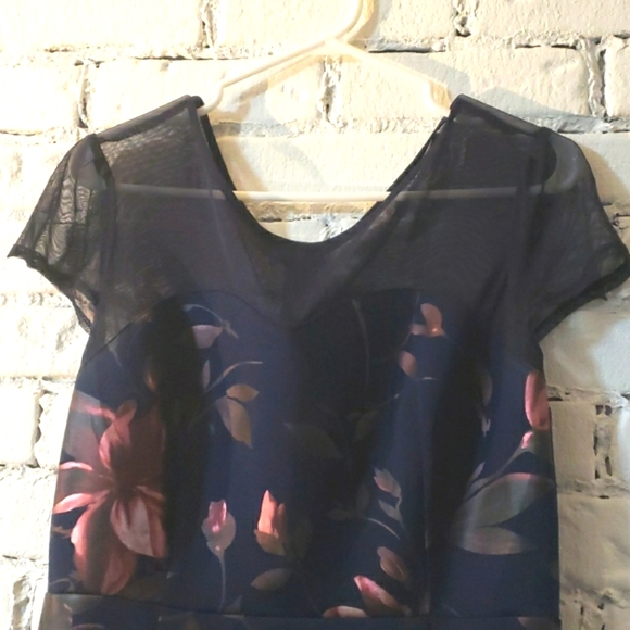 Navy & rose shimmer flower detail with sheer navy cap sleeves - Picture 2 of 7